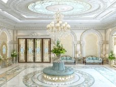 This picture shows a luxurious white and gold dining room. It features a large crystal chandelier hanging from the ceiling, as well as a beautiful marble floor and ornate wooden furniture. The walls are decorated with gold-framed artwork, and a grand fireplace can be seen in the background.