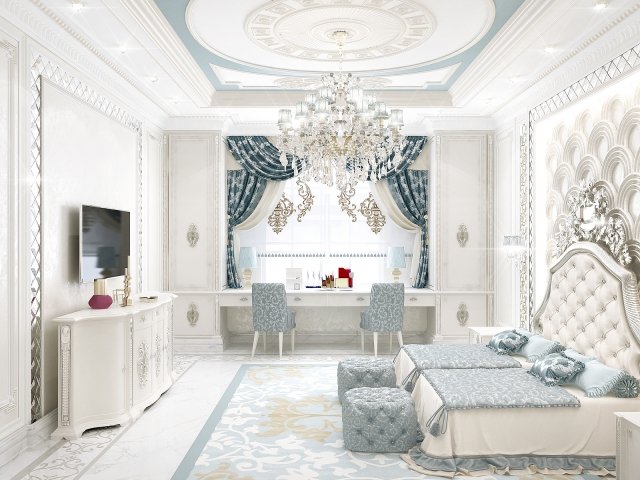 Luxury and unique bedroom design with a tufted headboard, marble fireplace, and crystal chandelier.
