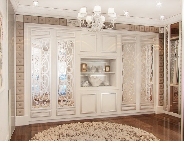 This picture shows a modern and luxurious living room with white marble floors, an ornate crystal chandelier, and white furniture with gold accents. The walls are intricately wallpapered in a light grey and gold pattern, while the windows have floor-to-ceiling curtains. A large painting in a gold frame hangs above the fireplace, and there is a white grand piano in the corner.