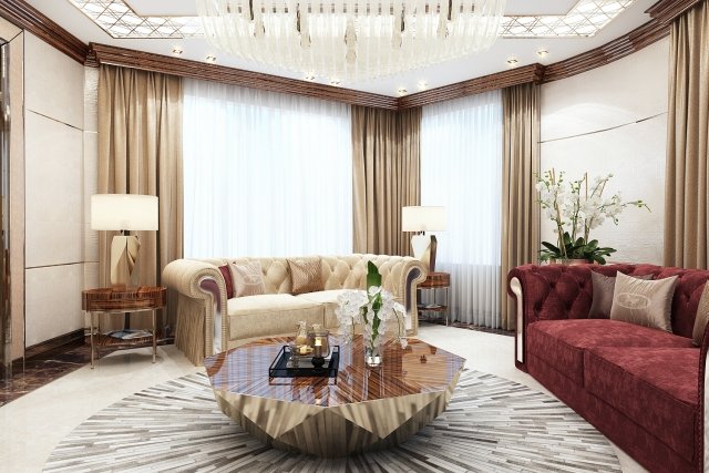 Luxurious bedroom setting with golden accents on an elegant wallpaper