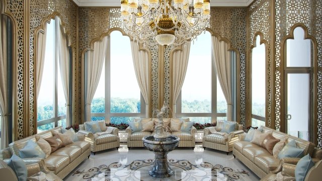 An impressive modern bedroom with luxury furniture, beige accents and crystal chandelier, creating a unique ambiance.