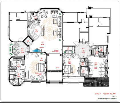 This is a picture of a modern and contemporary home interior. It has a marble floor, abstract art on the walls, a white sofa with cushions, glass coffee table, and a curved stairway leading up to the second level. The ceiling has recessed lighting and there are several windows allowing natural light to come in.