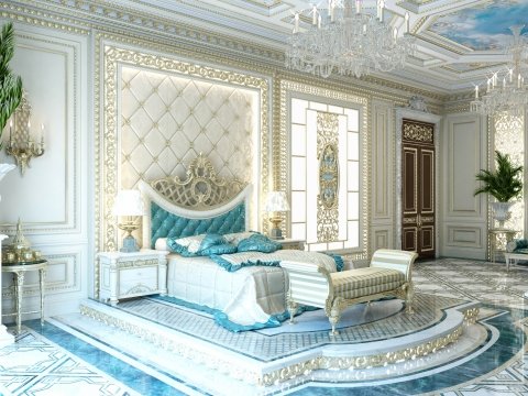 This picture shows a modern and luxurious bedroom designed with a contemporary style. The room has a beige colored wall with an intricate pattern and ceiling details. The furniture is a combination of white and black pieces, such as a white wooden bed frame with a black headboard and white nightstands. The floor is a light shade of parquet, and the large window is covered with classic white curtains. A crystal chandelier hangs from the ceiling, adding a touch of elegance to the room.