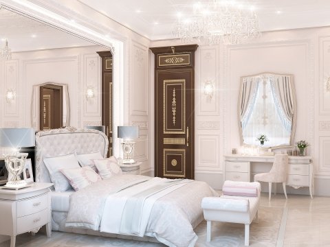 A lavish bedroom with rich textiles, modern furniture and a unique chandelier, perfect for luxurious living.