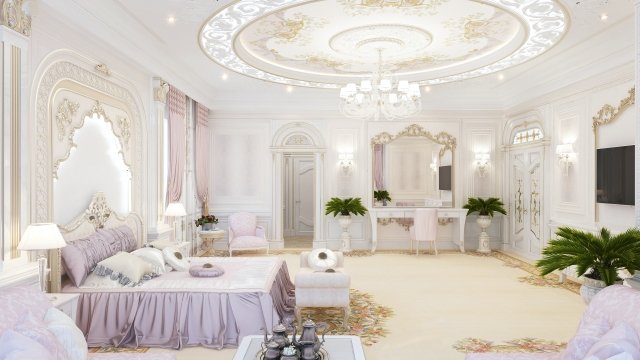 This is a picture of a luxurious interior design. It features a large elegant living room with a few plush sofas, a round glass coffee table, a small round white table with a potted plant, and a white marble fireplace. The walls are decorated with tasteful wall art, and the room has light hardwood flooring.