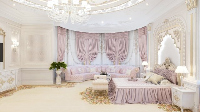 This picture shows a grand, luxurious dining room. The room is adorned with gold accents, including a dazzling chandelier and gold-framed mirrors. The walls are covered in an ornate floral wallpaper, and the floor is covered in a white and grey patterned carpet. There is a large wooden dining table with chairs upholstered in a light blue fabric, as well as two sofas in the background.
