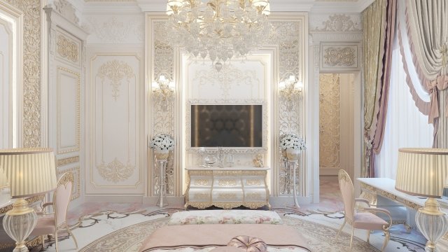This picture shows a modern, luxurious living room with marble floors and walls. The room features two white sofas with blue and gold accents, an ornate, gilded coffee table, and a crystal chandelier hanging from the ceiling. There is a white marble fireplace on one side of the room, and a large window with a view of an outdoor landscape. There are also numerous art pieces displayed on the walls, including a large painting.