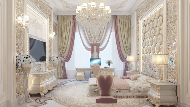 This picture shows a luxurious bedroom designed by Antonovich Design. The room features light grey walls and a large, ornate bed with a white and gold canopy. The bedspread and pillows are luxuriously patterned in shades of grey and blue. A large window with an elegant white curtain highlights the view outside, while a round nightstand is placed close to the bed. A unique light fixture hangs from the ceiling, along with a chandelier that casts a soft glow throughout the room. A dressing table and mirror, as well as a fireplace, complete the look.