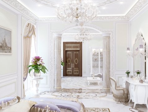Modern bedroom in white and beige colors with designer furniture. Elegant and comfortable atmosphere for a perfect rest.