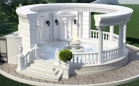 This picture shows a luxurious villa entrance with a grand staircase and intricate marble detailing. It includes two large white marble pillars with curved edges, a set of white marble balustrades with gold accents, and a light brown stone floor with a detailed geometric pattern. The ornate entrance is surrounded by lush greenery and tall shrubs, giving it an elegant and sophisticated look.
