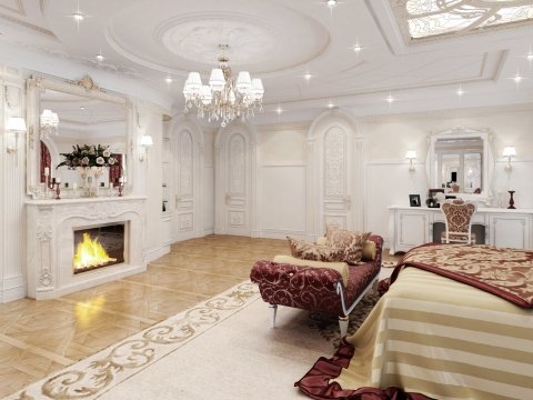 Modern bedroom with royal bed, stylish lamps and velvet furniture. Elegance and luxury at its finest!