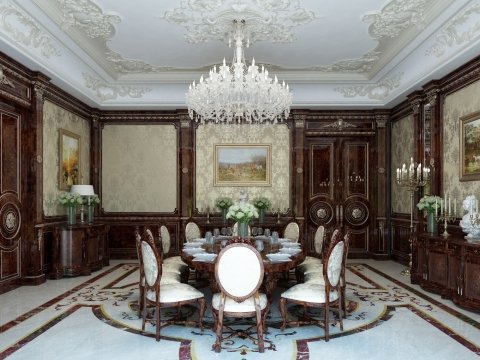 This picture shows a luxury living room designed with elegant white walls and striking gold accents. The room features stylish furniture, including a tufted sofa, upholstered armchairs, and a round coffee table. There is also a modern chandelier hanging from the ceiling and a grand fireplace with a dramatic mirror above it. An area rug adds a hint of softness to the space, and the large windows allow plenty of natural light to enter the room.