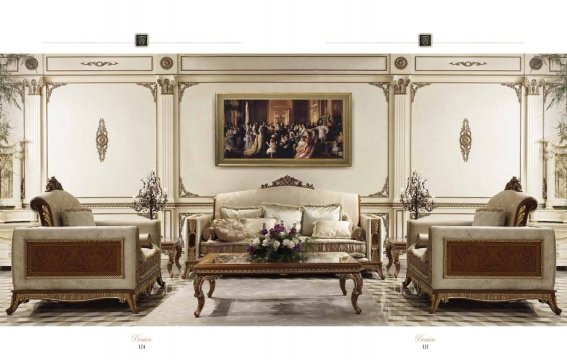 This picture shows a luxurious living room interior design in a modern style. The color palette consists of white, beige, and gold, creating a warm and inviting atmosphere. Furniture pieces include two comfortable white sofas, an elegant coffee table with a glass top, and an exquisite fireplace with an ornately carved gold frame. The walls are adorned with beautiful paintings, and there is a stylish rug on the floor. Lighting fixtures bring a cozy glow to the space.