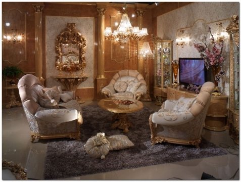 Modern luxury bedroom with simple black and white color scheme, marble floor and beautiful chandelier.