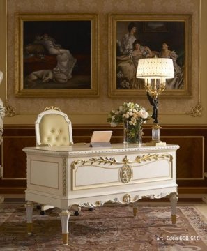 This picture shows a luxurious master bedroom with an elegant design. The room features a walk-in closet, a mirrored armoire, and a handsome tufted headboard. The walls are a soft eggshell white and the ceiling is adorned with detailed crown molding. The floor is hardwood parquet, with a light-colored rug on top. In addition, the room is accented with modern crystal wall sconces and lamps for added ambience.