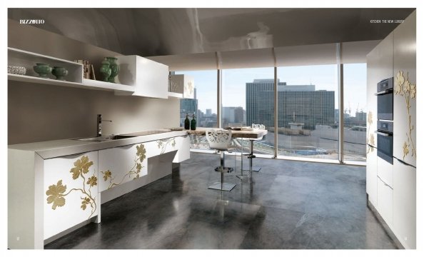This picture shows a luxurious, modern penthouse interior. The room features dark hardwood floors, a bright white and grey sofa, a large black and white abstract painting on the wall, and floor-to-ceiling windows with a stunning view of the city. There are also recessed lights in the ceiling and a white contemporary fireplace.