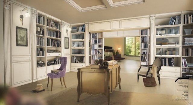 This picture shows an elegant living room interior design. There is a large round white sofa with several patterned pillows in the center, surrounded by two sets of modern armchairs and an antique wooden coffee table between them. The walls are painted a soft off-white color and there is a large window that allows natural light to flood in. A brown shag rug covers the floor and there is a fireplace set against a wall. The walls are adorned with decorative accents, such as art pieces, figurines, and other decorations.