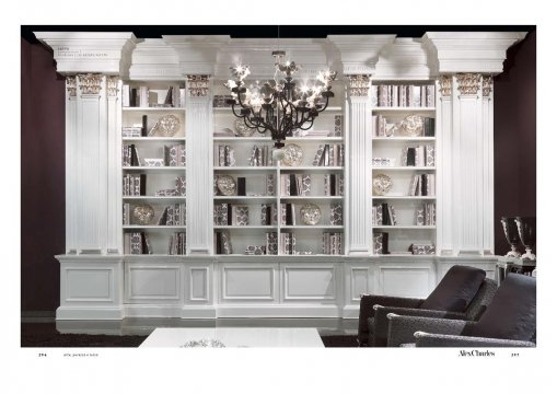 The picture shows an interior design featuring a white and grey marble floor, a large white grand piano, luxurious gold-colored furniture, and a white and grey marble wall with a large window overlooking a body of water.