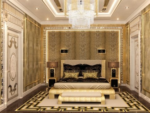 This is luxury modern interior with marble walls, golden elements, velvet furniture and crystal chandelier.
