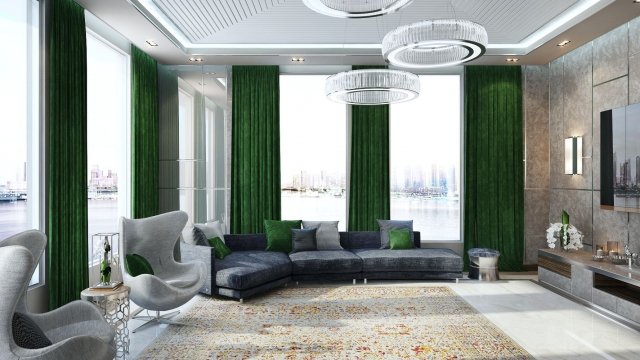 The picture depicts a luxurious modern living room with a stunning view of the ocean and the city skyline. The walls are decorated with a stunning light grey wallpaper, while the floor has a grey and white marble pattern. A trendy navy and gold sofa is set on top of a large, round reflective coffee table. On either side of the sofa are two black geometric armchairs in front of a rectangular glass and metal wall art piece. There is a unique bar cart next to the sofa, and a sleek flat-screen TV on the wall.