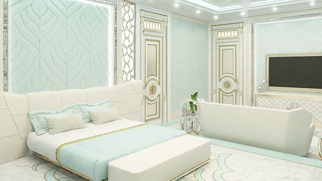 Дизайн интерьера уютной голубой спальни