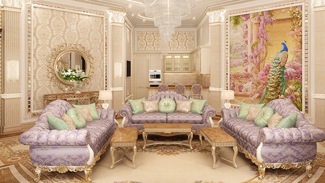 تصميم غرفة معيشة بدرجات اللون الوردي
