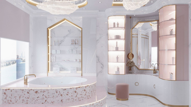 Дизайн розовой ванной комнаты для девочки