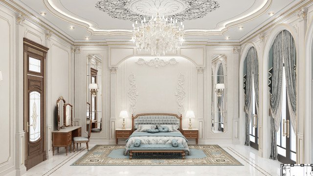 Потрясающий дизайн голубой спальни