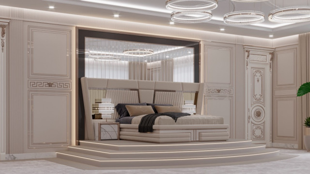 تصميم داخلي لغرفة نوم رئيسية في مخطط واسع