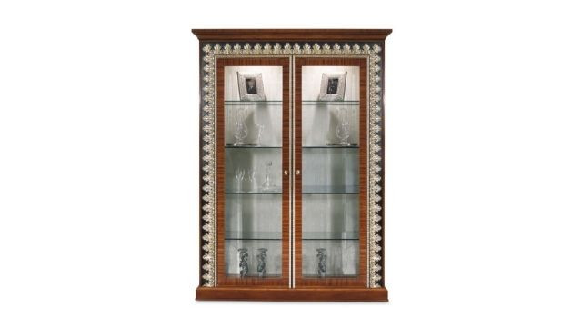 Elegant display cabinet 2 doors walnut and ashwood showcase with silver details