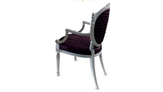 Elegant White lacquered small armchair with silver details