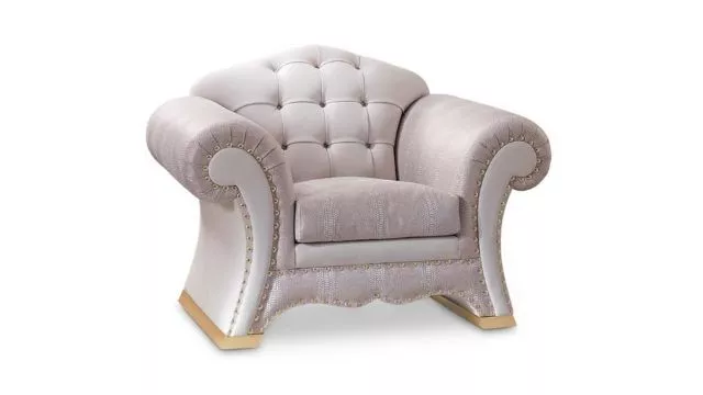 Luxury Padded armchair in leather upholstery with gold leaf finish feet