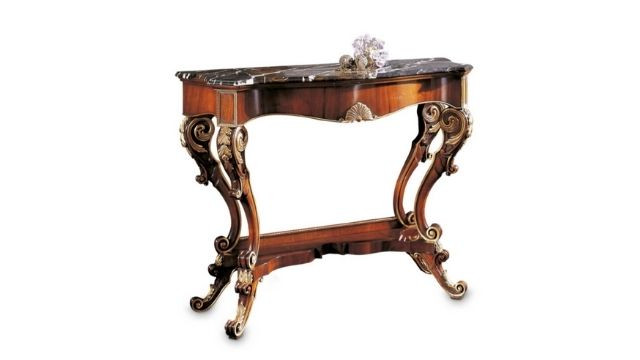 Elegant Walnut carved console table with marble top and central drawer