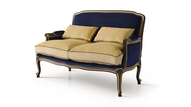 Royal Style Wood Sofa in Dark Blue and Beige Accent