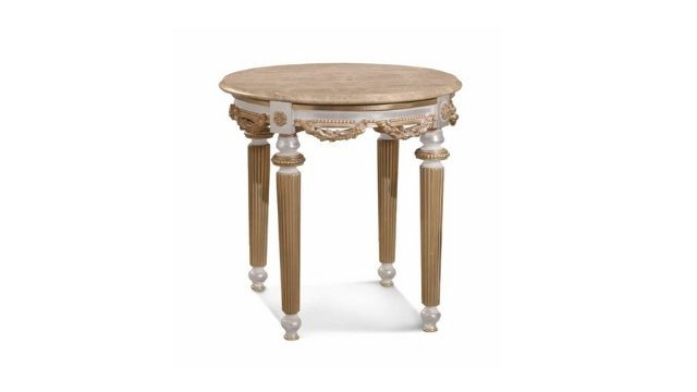 Classy round side table in antique lacquering finishing with gold leaf details