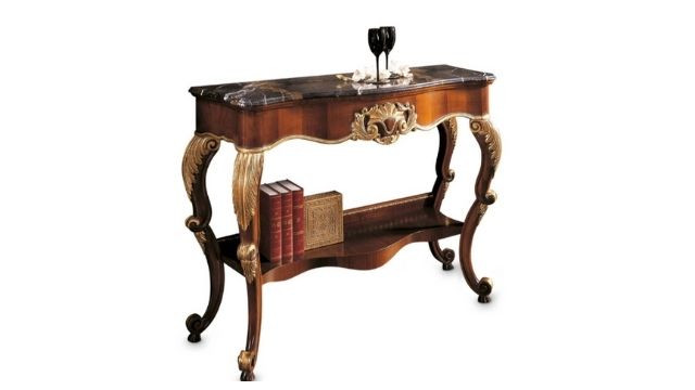 Elegant design Walnut carved console table with marble top and central drawer