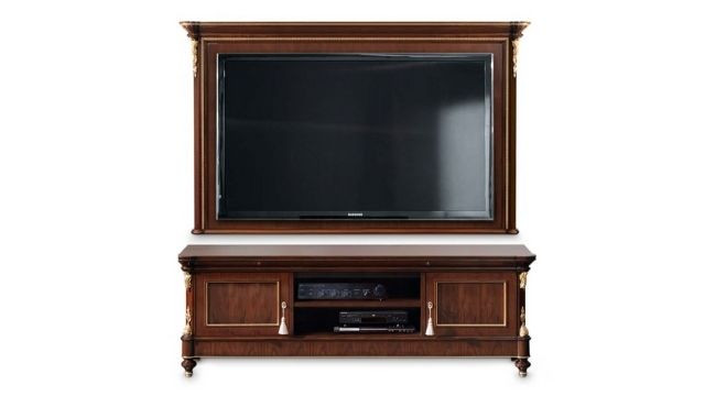 Elegant TV cabinet in walnut finishing with gilded details