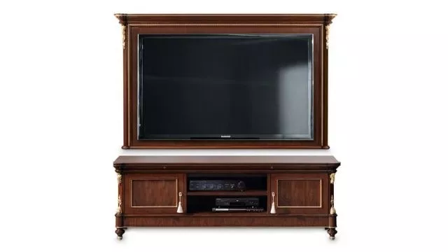 Elegant TV cabinet in walnut finishing with gilded details