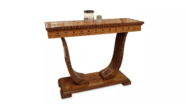 Elegant Console table in olive ash-wood and Zebrano finish with inlays