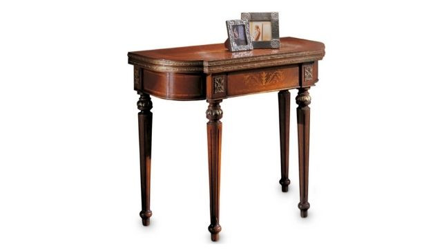 Classy Walnut console table with inlays and inner leather top