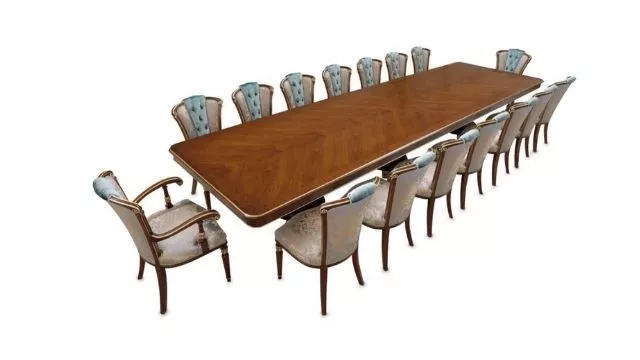 Elegant Walnut rectangular table with 3 bases and gold details Elegant Walnut rectangular table with 3 bases and gold details