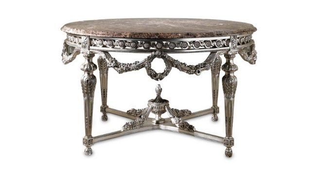 Luxury Hand-carved round table with marble top and silver finish