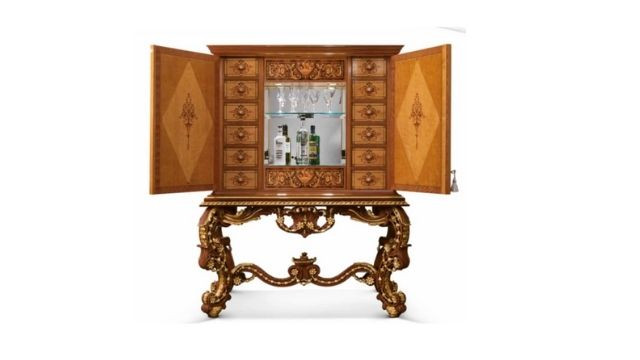 Classy Bar cabinet with hand-carved base in walnut finishing with gold leaf carvings