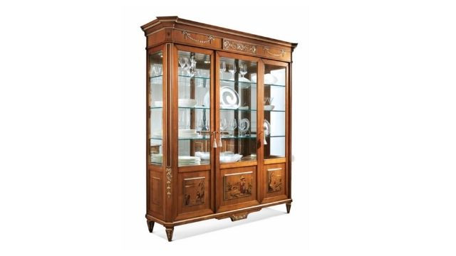 Luxury design display cabinet in hand-made inlays and white-washed gold details